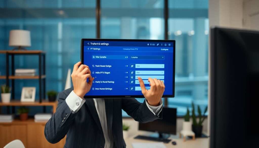 Generate an image of a person configuring IPTV settings on their device Generate an image of a person configuring IPTV settings on their device