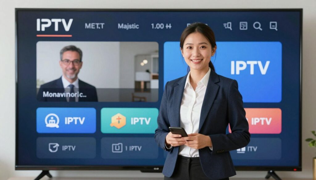 Generate an image of a person easily navigating through Majestic IPTV's interface on their TV screen. Generate an image of a person easily navigating through Majestic IPTV's interface on their TV screen.