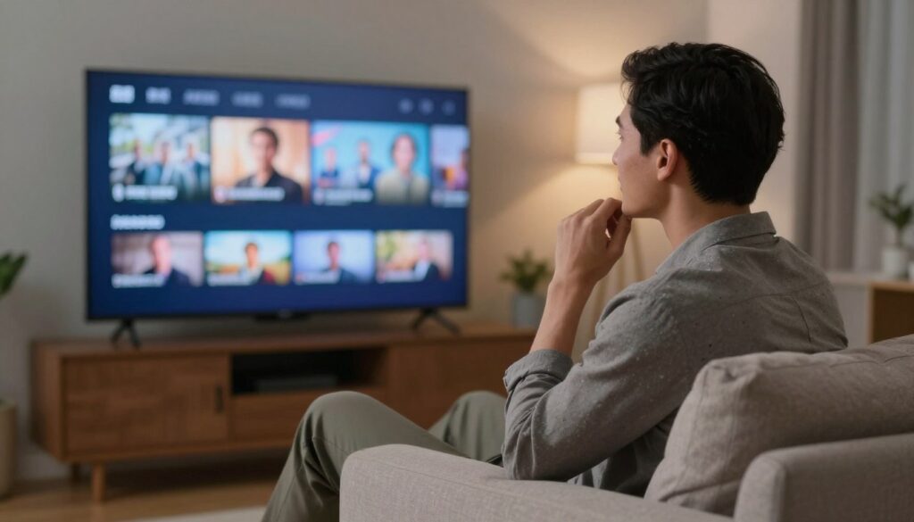 Generate an image of a person enjoying a high-quality streaming experience on their TV with a satisfied expression. Generate an image of a person enjoying a high-quality streaming experience on their TV with a satisfied expression.