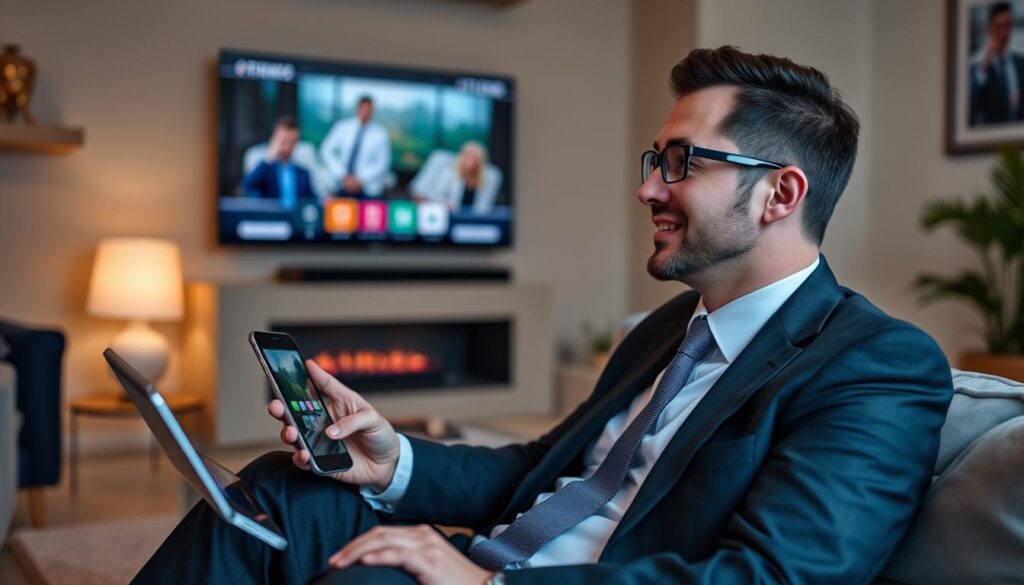Generate an image of a person enjoying their IPTV experience with TiVistation on multiple devices. Generate an image of a person enjoying their IPTV experience with TiVistation on multiple devices.