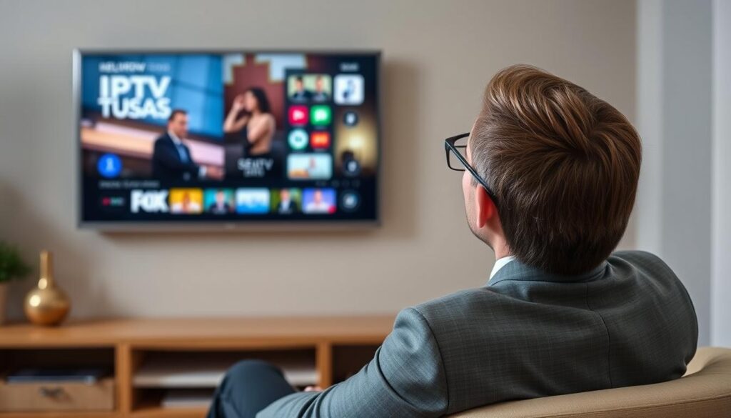 Generate an image of a person enjoying their favorite TV show on a Smart TV with IPTV USA service Generate an image of a person enjoying their favorite TV show on a Smart TV with IPTV USA service