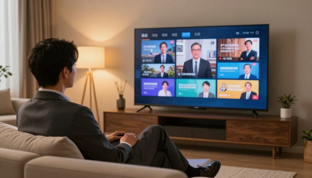 Generate an image of a person enjoying their favorite TV show on a large screen with multiple channels displayed. Generate an image of a person enjoying their favorite TV show on a large screen with multiple channels displayed.