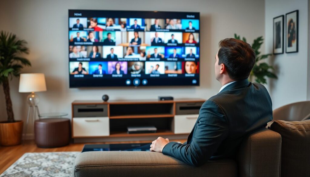 Generate an image of a person enjoying their favorite TV show on a large screen with multiple channels displayed. Generate an image of a person enjoying their favorite TV show on a large screen with multiple channels displayed.
