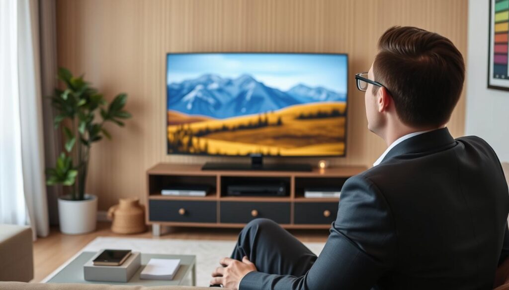 Generate an image of a person enjoying their favorite TV show on a smart TV using Real IPTV. Generate an image of a person enjoying their favorite TV show on a smart TV using Real IPTV.