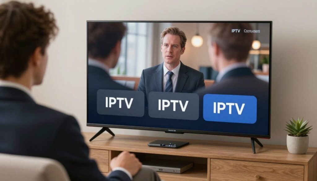 Generate an image of a person enjoying their favorite TV show on a smart TV using an IPTV service. Generate an image of a person enjoying their favorite TV show on a smart TV using an IPTV service.