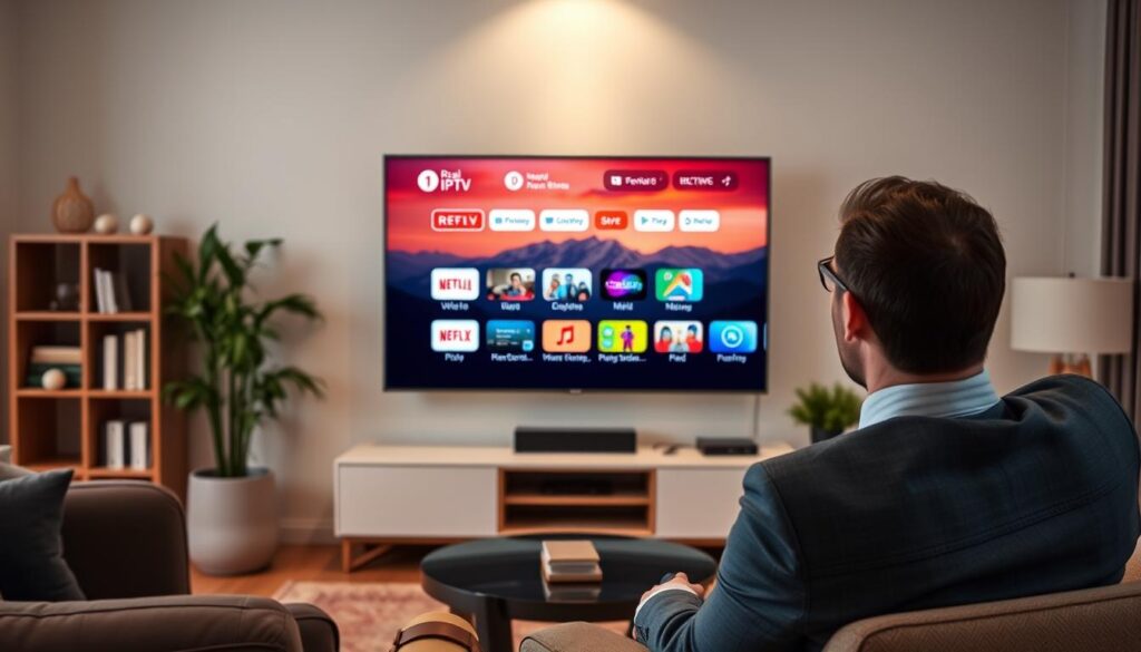 Generate an image of a person enjoying their favorite TV show on a smart TV with a Real IPTV interface. Generate an image of a person enjoying their favorite TV show on a smart TV with a Real IPTV interface.