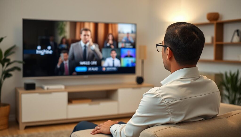 Generate an image of a person enjoying their favorite TV show on a smart TV with a stable internet connection. Generate an image of a person enjoying their favorite TV show on a smart TV with a stable internet connection.