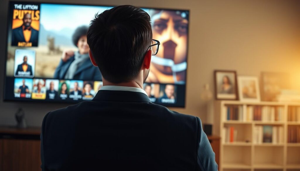 Generate an image of a person enjoying their favorite movie on a large screen TV with a vast library of on-demand content displayed. Generate an image of a person enjoying their favorite movie on a large screen TV with a vast library of on-demand content displayed.