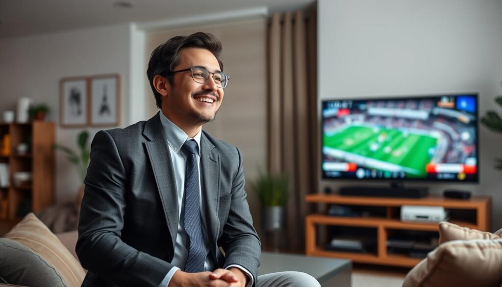 Generate an image of a person enjoying their favorite sports game on Vidgo TV Generate an image of a person enjoying their favorite sports game on Vidgo TV