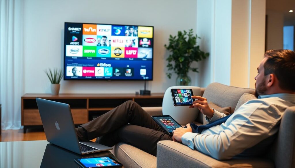 Generate an image of a person enjoying various TV channels and on-demand content on multiple devices. Generate an image of a person enjoying various TV channels and on-demand content on multiple devices.