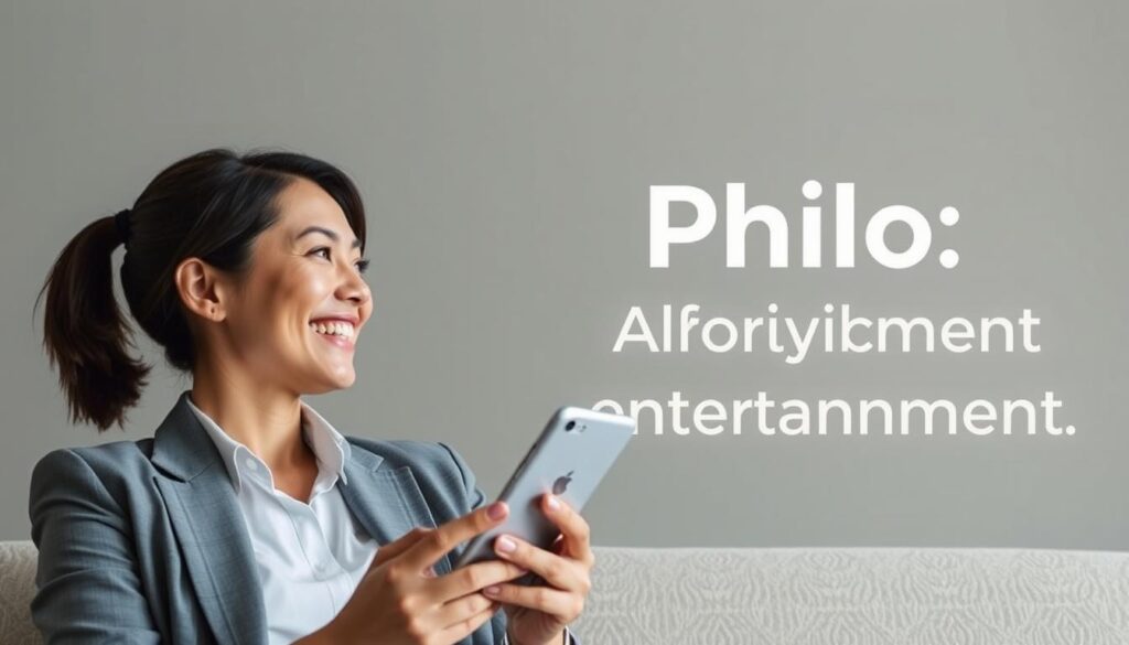 Generate an image of a person happily watching TV on their device with a caption "Philo: Affordable Entertainment" Generate an image of a person happily watching TV on their device with a caption "Philo: Affordable Entertainment"