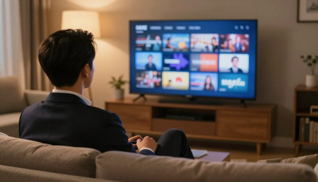 Generate an image of a person watching TV with a variety of North American channels on the screen. Generate an image of a person watching TV with a variety of North American channels on the screen.