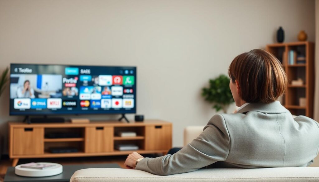 Generate an image of a person watching TV with a variety of international channels. Generate an image of a person watching TV with a variety of international channels.