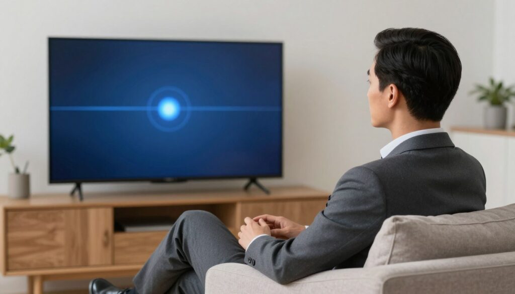 Generate an image of a person watching TV without interruptions, with a stable stream indicator on the screen. Generate an image of a person watching TV without interruptions, with a stable stream indicator on the screen.