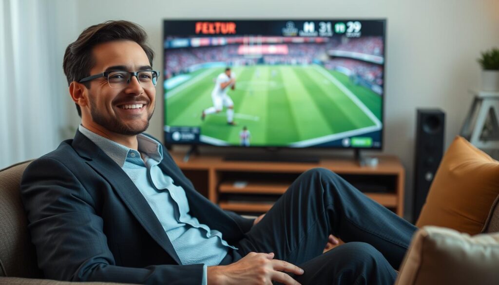 Generate an image of a person watching sports on TV with a satisfied expression Generate an image of a person watching sports on TV with a satisfied expression