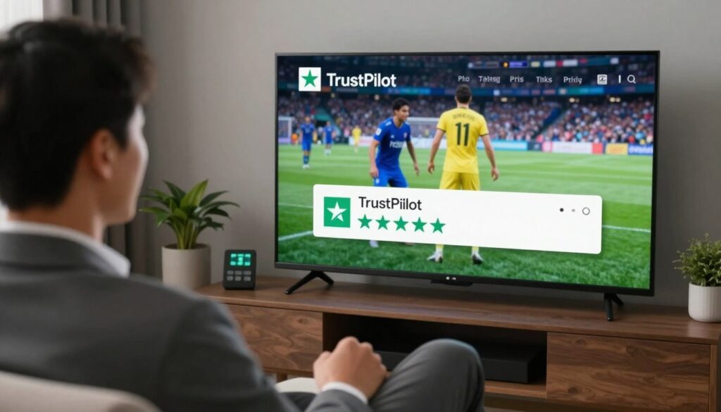 Generate an image of a person watching sports on TV with a satisfied expression, with a TrustPilot review on the screen. Generate an image of a person watching sports on TV with a satisfied expression, with a TrustPilot review on the screen.