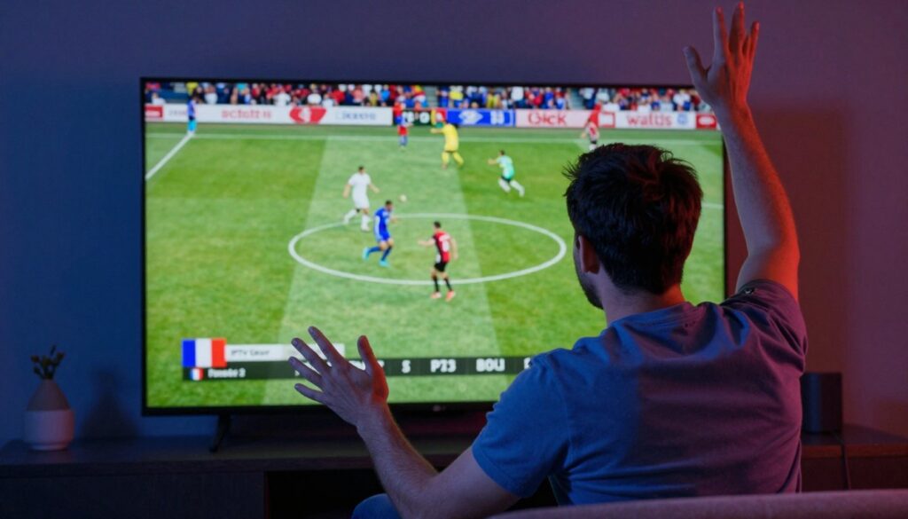 Generate an image of a sports fan enjoying a live game on IPTV Gear with a commentary on the streaming quality. Generate an image of a sports fan enjoying a live game on IPTV Gear with a commentary on the streaming quality.