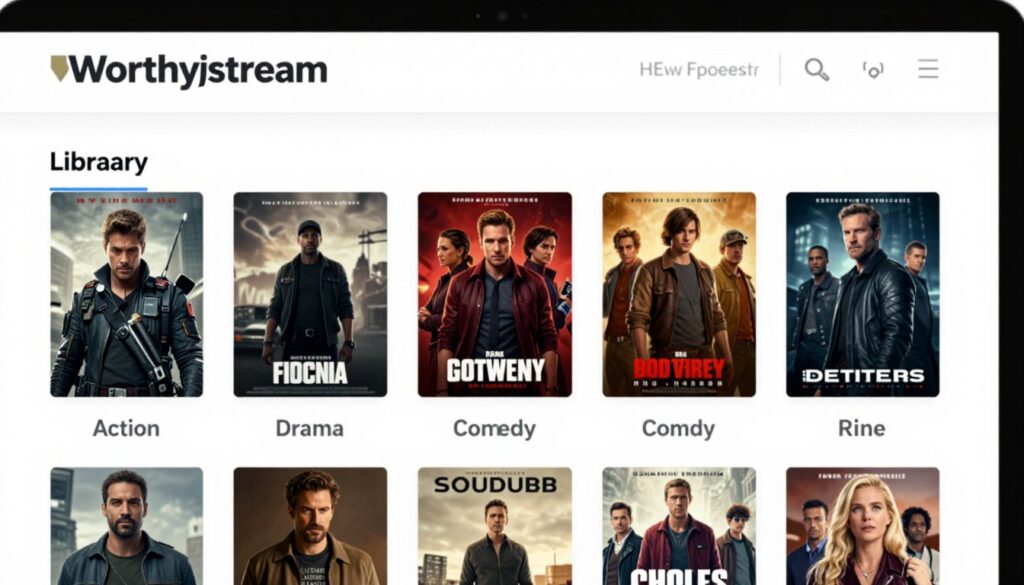 Generate an image of the Worthystream interface showing its movie library categorized by genre. Generate an image of the Worthystream interface showing its movie library categorized by genre.