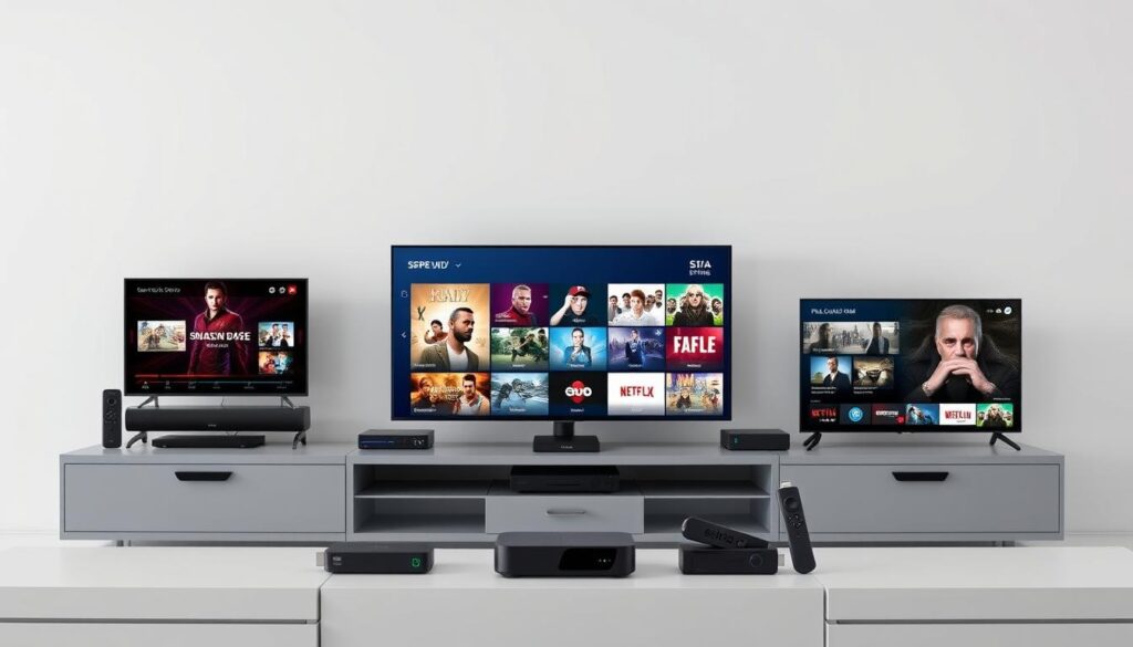 Generate an image of various IPTV devices with different player applications Generate an image of various IPTV devices with different player applications