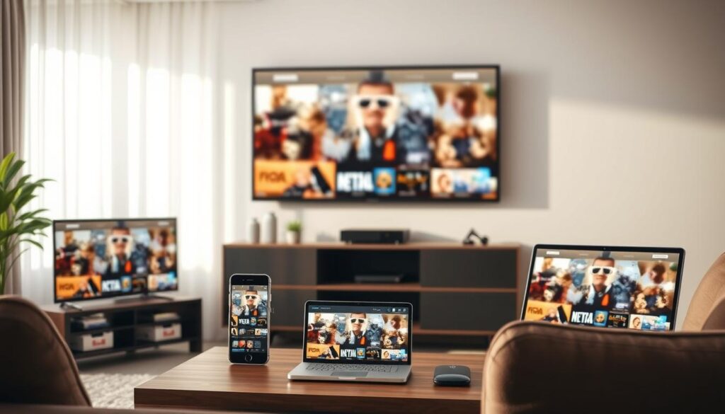 Generate an image of various devices like Smart TVs, smartphones, and laptops, all streaming Royal IPTV. Generate an image of various devices like Smart TVs, smartphones, and laptops, all streaming Royal IPTV.