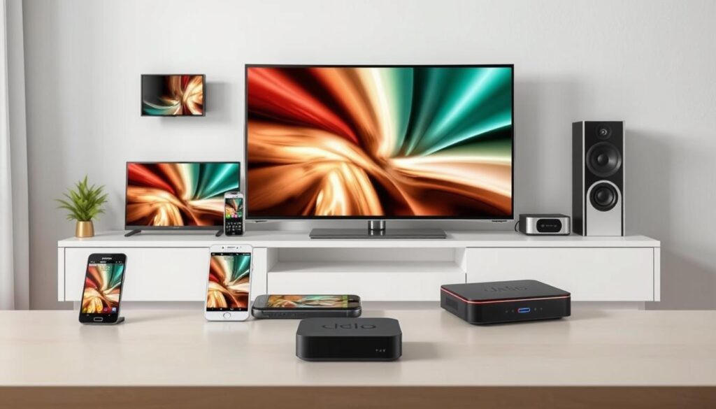 Generate an image of various devices like smartphones, tablets, smart TVs, and streaming devices that support IPTV streaming. Generate an image of various devices like smartphones, tablets, smart TVs, and streaming devices that support IPTV streaming.