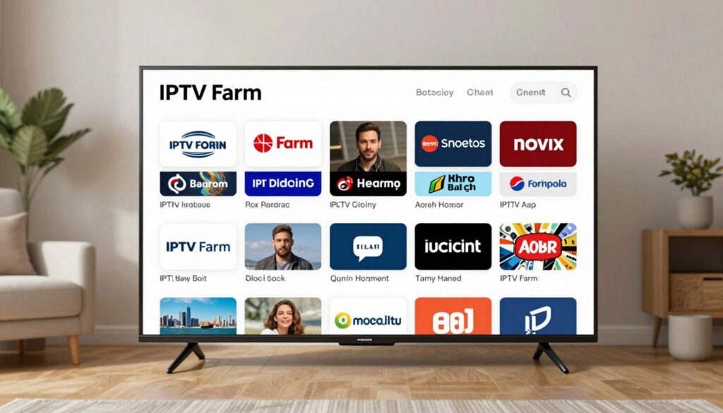 Generate an image representing IPTV Farm's channel lineup on a TV screen Generate an image representing IPTV Farm's channel lineup on a TV screen