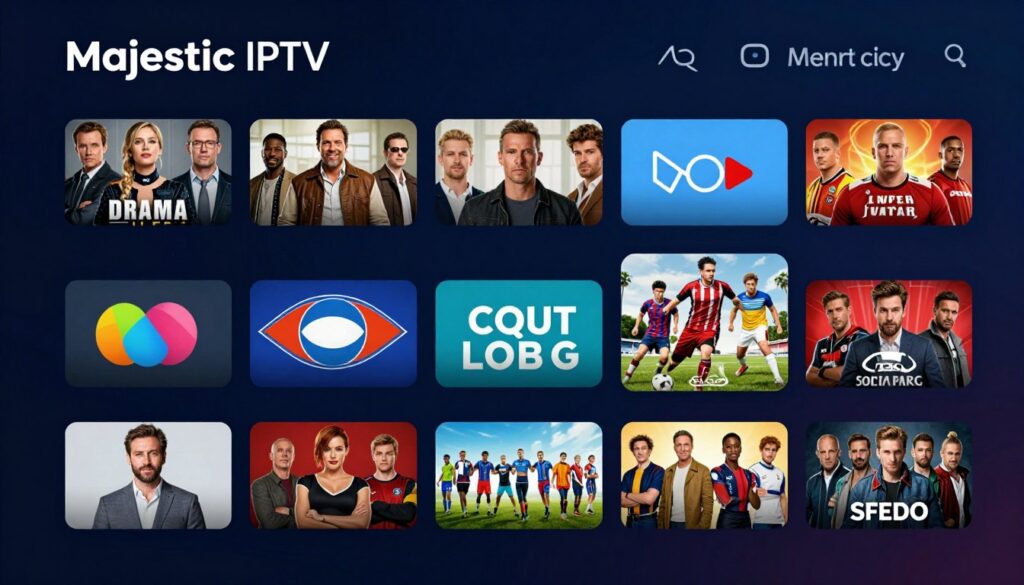 Generate an image representing Majestic IPTV's diverse content offerings. Generate an image representing Majestic IPTV's diverse content offerings.