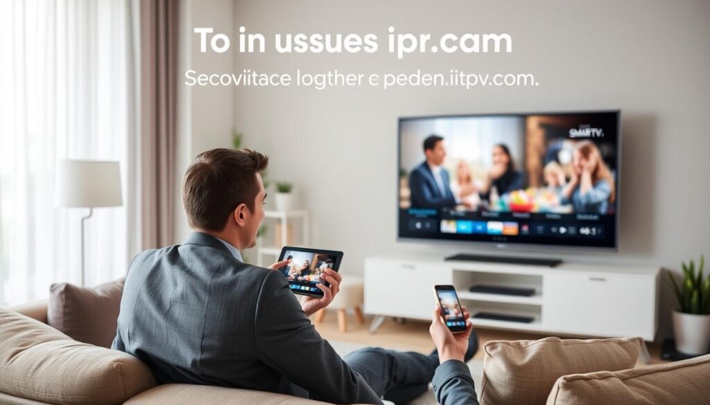 Generate an image representing the benefits of using iptv.com services, such as a person enjoying their favorite show on multiple devices. Generate an image representing the benefits of using iptv.com services, such as a person enjoying their favorite show on multiple devices.
