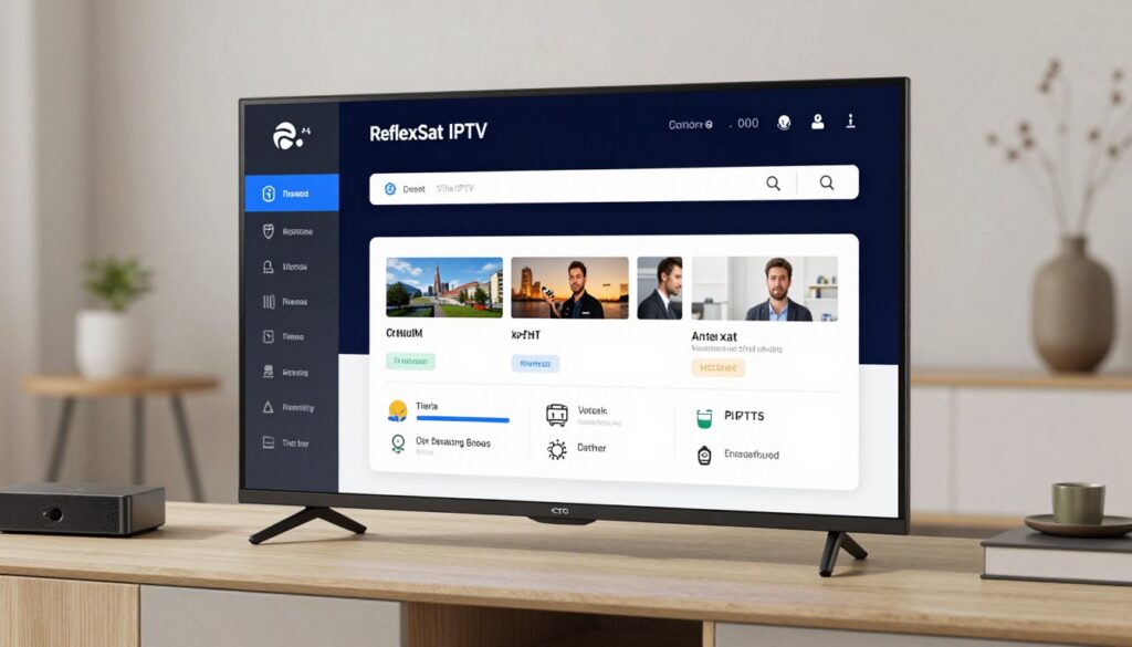 Generate an image showing ReflexSat IPTV's interface on a streaming device Generate an image showing ReflexSat IPTV's interface on a streaming device