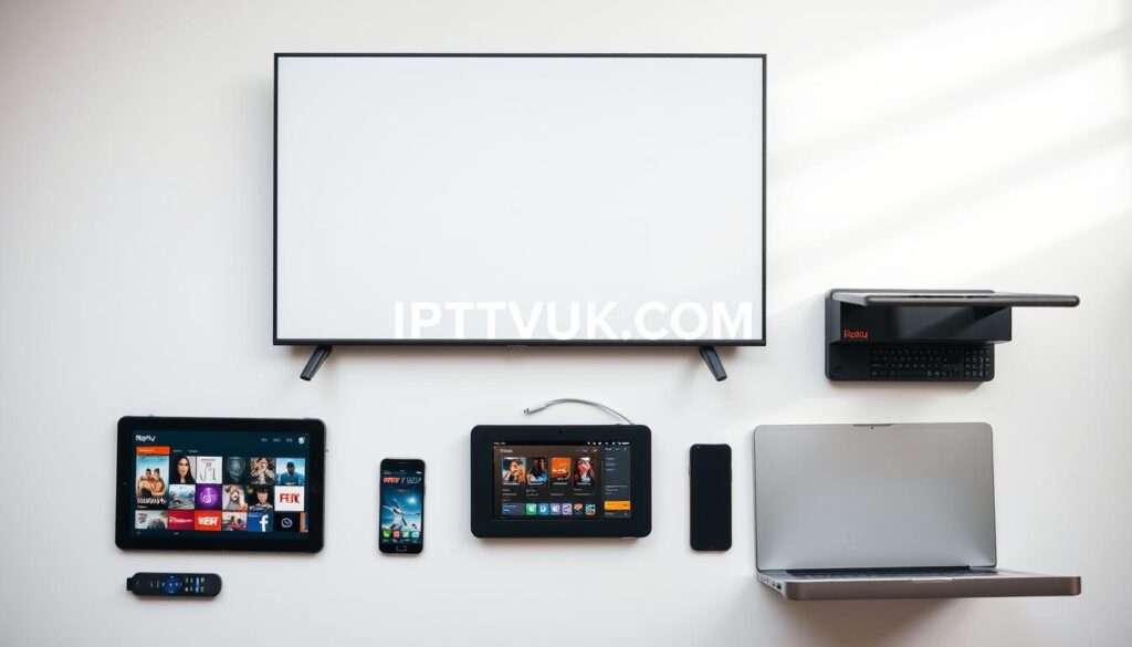 A carefully arranged flat lay featuring a variety of modern devices compatible with IPTV services, including a sleek Smart TV, a tablet, a streaming device like a Roku, a smartphone, and a laptop. The devices should showcase vibrant screens displaying images of streaming content such as movies and sports. In the foreground, include a remote control and a user-friendly interface on one device. The middle section showcases the devices with a clean, minimalistic background featuring soft natural lighting for an inviting feel, ideally shot from a slight overhead angle. The mood is tech-savvy and modern, with a subtle emphasis on entertainment. The brand name "IPTVVUK.COM" should be subtly incorporated into the arrangement without overpowering the devices. A carefully arranged flat lay featuring a variety of modern devices compatible with IPTV services, including a sleek Smart TV, a tablet, a streaming device like a Roku, a smartphone, and a laptop. The devices should showcase vibrant screens displaying images of streaming content such as movies and sports. In the foreground, include a remote control and a user-friendly interface on one device. The middle section showcases the devices with a clean, minimalistic background featuring soft natural lighting for an inviting feel, ideally shot from a slight overhead angle. The mood is tech-savvy and modern, with a subtle emphasis on entertainment. The brand name "IPTVVUK.COM" should be subtly incorporated into the arrangement without overpowering the devices.
