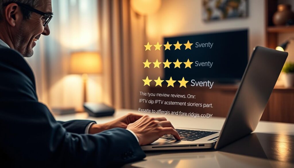 A close-up view of a glowing computer screen displaying positive customer reviews about IPTV services, specifically focusing on "IPTVVUK.COM." In the foreground, a professional individual in smart business attire is sitting at a sleek modern desk, enthusiastically typing on a laptop, with a look of satisfaction. In the middle, various icons of ratings and stars are subtly illuminated, enhancing the theme of positive feedback while still being abstract. The background is softly blurred, showcasing a cozy home office environment with warm lighting to create an inviting atmosphere. Soft shadows add depth to the scene, and the camera angle is slightly tilted to enhance the dynamism of the review process. The overall mood is one of professionalism and consumer satisfaction, reflecting the importance of customer testimonials. A close-up view of a glowing computer screen displaying positive customer reviews about IPTV services, specifically focusing on "IPTVVUK.COM." In the foreground, a professional individual in smart business attire is sitting at a sleek modern desk, enthusiastically typing on a laptop, with a look of satisfaction. In the middle, various icons of ratings and stars are subtly illuminated, enhancing the theme of positive feedback while still being abstract. The background is softly blurred, showcasing a cozy home office environment with warm lighting to create an inviting atmosphere. Soft shadows add depth to the scene, and the camera angle is slightly tilted to enhance the dynamism of the review process. The overall mood is one of professionalism and consumer satisfaction, reflecting the importance of customer testimonials.