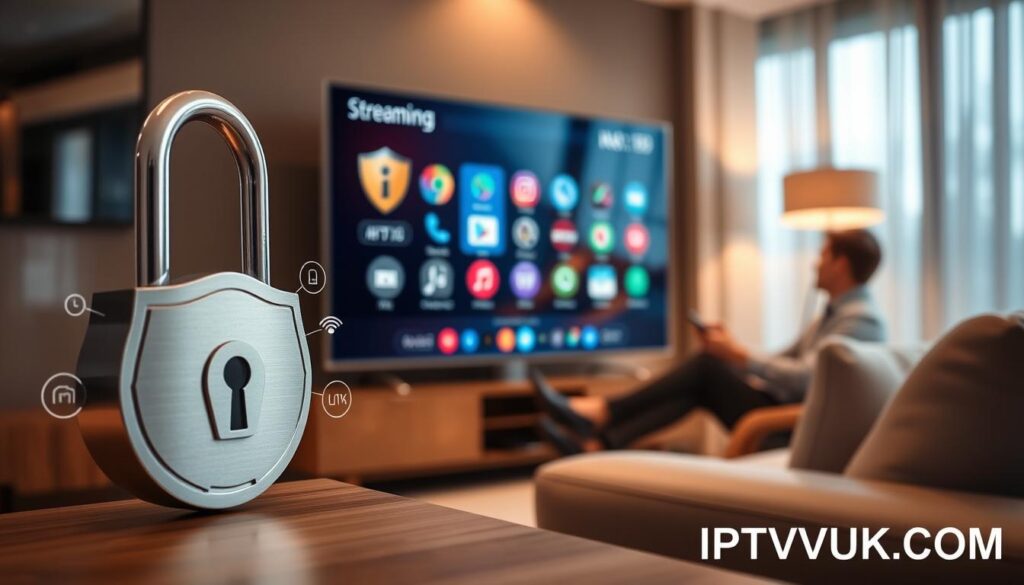 A close-up view of a sleek, modern living room setting focused on a digital television displaying a streaming interface. In the foreground, a stylish locked padlock symbolizes security, accompanied by shields and icons representing digital protection. The middle ground features a person in professional attire relaxed on a sofa, interacting with the TV remote, showcasing engagement with technology. The background is softly blurred but hints at modern decor, providing a cozy, trustworthy atmosphere. The lighting is warm and inviting, emanating from strategically placed lamps, emphasizing a secure and comfortable environment for watching IPTV. The bottom corner of the image subtly includes the brand name "IPTVVUK.COM". A close-up view of a sleek, modern living room setting focused on a digital television displaying a streaming interface. In the foreground, a stylish locked padlock symbolizes security, accompanied by shields and icons representing digital protection. The middle ground features a person in professional attire relaxed on a sofa, interacting with the TV remote, showcasing engagement with technology. The background is softly blurred but hints at modern decor, providing a cozy, trustworthy atmosphere. The lighting is warm and inviting, emanating from strategically placed lamps, emphasizing a secure and comfortable environment for watching IPTV. The bottom corner of the image subtly includes the brand name "IPTVVUK.COM".