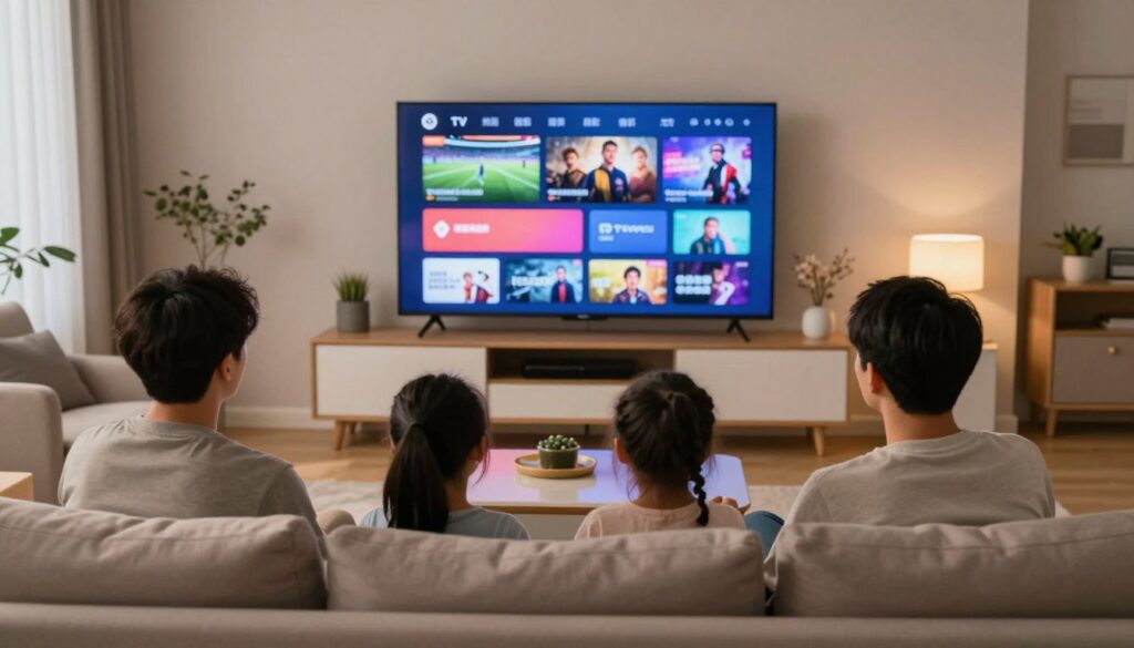 A cozy living room scene showcasing a family enjoying an IPTV viewing experience. In the foreground, a family of four dressed in casual, modest clothing is seated comfortably on a stylish sofa, their faces illuminated by the glow of a large flat-screen TV mounted on the wall. In the middle ground, the TV displays vibrant streaming content, with colorful graphics representing various genres like sports, movies, and documentaries. The background features a modern, well-decorated living room with soft ambient lighting and tasteful decorations. The atmosphere is warm and inviting, evoking a sense of togetherness and enjoyment. The brand name "IPTVVUK.COM" subtly incorporated into the TV screen graphics enhances the theme without detracting from the scene. A cozy living room scene showcasing a family enjoying an IPTV viewing experience. In the foreground, a family of four dressed in casual, modest clothing is seated comfortably on a stylish sofa, their faces illuminated by the glow of a large flat-screen TV mounted on the wall. In the middle ground, the TV displays vibrant streaming content, with colorful graphics representing various genres like sports, movies, and documentaries. The background features a modern, well-decorated living room with soft ambient lighting and tasteful decorations. The atmosphere is warm and inviting, evoking a sense of togetherness and enjoyment. The brand name "IPTVVUK.COM" subtly incorporated into the TV screen graphics enhances the theme without detracting from the scene.