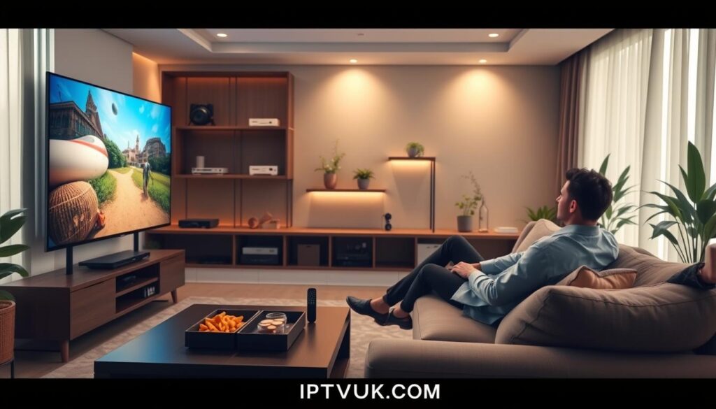 A cozy living room setting designed for optimal IPTV streaming, with a large, modern flat-screen TV displaying vibrant streaming content. In the foreground, a stylish coffee table holds snacks and a remote control, while a plush sofa features two individuals in smart casual attire, intently watching the screen. The middle ground includes well-organized shelves with media devices and plants, creating a warm ambiance. Soft, natural lighting filters in through sheer curtains, casting a gentle glow across the room, enhancing the relaxed atmosphere. The background reveals a contemporary decor style, emphasizing comfort and modern technology. The overall mood is inviting and engaging, highlighting the joy of watching quality IPTV content from IPTVVUK.COM. A cozy living room setting designed for optimal IPTV streaming, with a large, modern flat-screen TV displaying vibrant streaming content. In the foreground, a stylish coffee table holds snacks and a remote control, while a plush sofa features two individuals in smart casual attire, intently watching the screen. The middle ground includes well-organized shelves with media devices and plants, creating a warm ambiance. Soft, natural lighting filters in through sheer curtains, casting a gentle glow across the room, enhancing the relaxed atmosphere. The background reveals a contemporary decor style, emphasizing comfort and modern technology. The overall mood is inviting and engaging, highlighting the joy of watching quality IPTV content from IPTVVUK.COM.