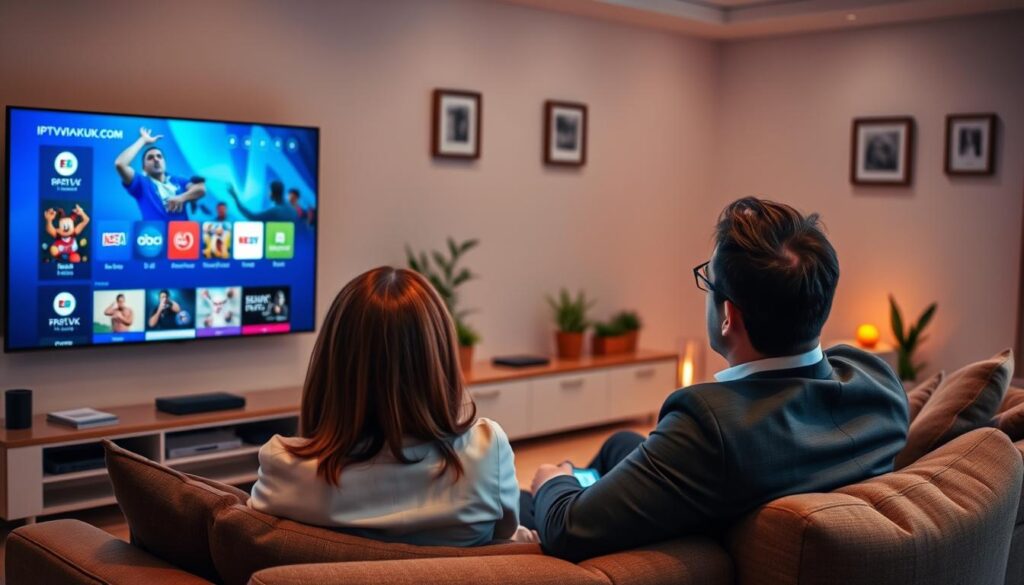 A cozy living room setting featuring a sleek Smart TV displaying an IPTV interface with vibrant icons representing various streaming services, showcasing the benefits of IPTV. In the foreground, a couple in professional business attire, comfortably seated on a stylish sofa, are engaged in selecting content, conveying a sense of ease and enjoyment. The middle ground highlights the Smart TV, with crisp images of diverse programming like movies and sports, illuminated by warm, soft lighting that creates a welcoming atmosphere. The background features a modern decor with subtle wall art and plants, enhancing the sophisticated ambiance. Use a slightly tilted angle to add depth, focusing on both the couple and the Smart TV. Include the brand name "IPTVVUK.COM" as part of the IPTV interface. A cozy living room setting featuring a sleek Smart TV displaying an IPTV interface with vibrant icons representing various streaming services, showcasing the benefits of IPTV. In the foreground, a couple in professional business attire, comfortably seated on a stylish sofa, are engaged in selecting content, conveying a sense of ease and enjoyment. The middle ground highlights the Smart TV, with crisp images of diverse programming like movies and sports, illuminated by warm, soft lighting that creates a welcoming atmosphere. The background features a modern decor with subtle wall art and plants, enhancing the sophisticated ambiance. Use a slightly tilted angle to add depth, focusing on both the couple and the Smart TV. Include the brand name "IPTVVUK.COM" as part of the IPTV interface.