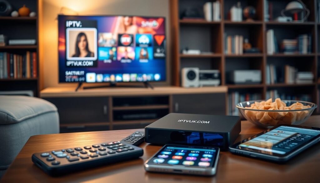 A cozy living room setting with a modern flat-screen TV displaying an IPTV streaming interface. In the foreground, a sleek, black IPTV set-top box with the logo "IPTVVUK.COM" prominently visible. Next to it, a smartphone and a tablet, both showcasing popular IPTV apps. On the coffee table, a remote control and a bowl of snacks are neatly arranged. The lighting is warm and inviting, with soft glow from a lamp in the corner. In the background, a bookshelf filled with media and devices highlights a tech-savvy atmosphere. Shot with a slight angle to give depth, this image captures the convenience and excitement of setting up IPTV services. A cozy living room setting with a modern flat-screen TV displaying an IPTV streaming interface. In the foreground, a sleek, black IPTV set-top box with the logo "IPTVVUK.COM" prominently visible. Next to it, a smartphone and a tablet, both showcasing popular IPTV apps. On the coffee table, a remote control and a bowl of snacks are neatly arranged. The lighting is warm and inviting, with soft glow from a lamp in the corner. In the background, a bookshelf filled with media and devices highlights a tech-savvy atmosphere. Shot with a slight angle to give depth, this image captures the convenience and excitement of setting up IPTV services.