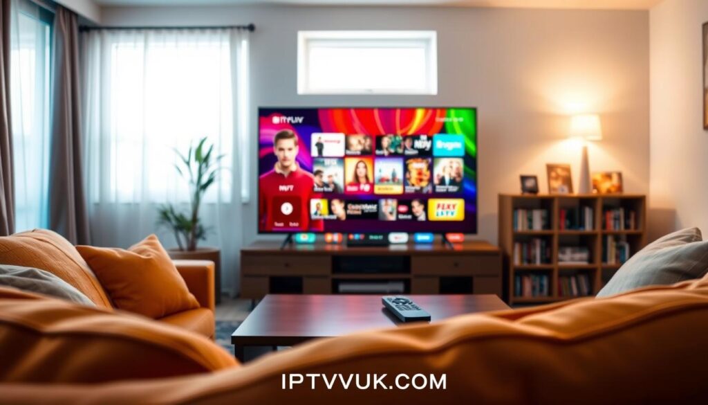 A cozy living room setup featuring a modern Smart TV displaying vibrant IPTV content, with a sleek remote control resting on a stylish coffee table. In the foreground, a warm, inviting sofa with plush cushions, ensuring comfort while watching. The middle ground showcases the Smart TV, its screen glowing with colorful and high-definition streaming options, symbolizing IPTV versatility and quality. In the background, soft ambient lighting creates a relaxed atmosphere, while a chic bookshelf filled with movies and games adds depth to the scene. A subtle window allows natural light to filter in, highlighting the modern decor. The scene should exude a sense of ease and enjoyment with IPTV viewing, while captioning subtly includes the brand name "IPTVVUK.COM." A cozy living room setup featuring a modern Smart TV displaying vibrant IPTV content, with a sleek remote control resting on a stylish coffee table. In the foreground, a warm, inviting sofa with plush cushions, ensuring comfort while watching. The middle ground showcases the Smart TV, its screen glowing with colorful and high-definition streaming options, symbolizing IPTV versatility and quality. In the background, soft ambient lighting creates a relaxed atmosphere, while a chic bookshelf filled with movies and games adds depth to the scene. A subtle window allows natural light to filter in, highlighting the modern decor. The scene should exude a sense of ease and enjoyment with IPTV viewing, while captioning subtly includes the brand name "IPTVVUK.COM."
