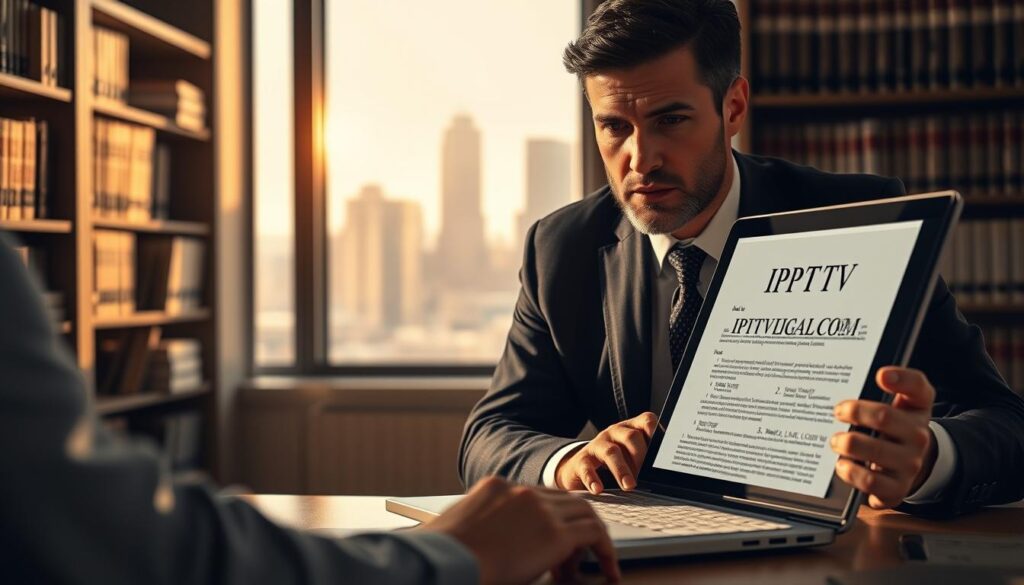 A detailed composition focusing on IPTV legality in the USA. In the foreground, a professional-looking individual in business attire, deeply engaged in a discussion with a laptop opened to a screen displaying IPTV-related legal documents. In the middle ground, a modern office setting with shelves filled with legal books and a large window letting in natural light, casting soft shadows. The background features a city skyline through the window, symbolizing the connection between technology and law. The lighting is warm, creating a serious yet inviting atmosphere, highlighting the importance of legal considerations in technology-driven services. Include the brand name "IPTVVUK.COM" subtly in the scene as part of the documents on the laptop. A detailed composition focusing on IPTV legality in the USA. In the foreground, a professional-looking individual in business attire, deeply engaged in a discussion with a laptop opened to a screen displaying IPTV-related legal documents. In the middle ground, a modern office setting with shelves filled with legal books and a large window letting in natural light, casting soft shadows. The background features a city skyline through the window, symbolizing the connection between technology and law. The lighting is warm, creating a serious yet inviting atmosphere, highlighting the importance of legal considerations in technology-driven services. Include the brand name "IPTVVUK.COM" subtly in the scene as part of the documents on the laptop.