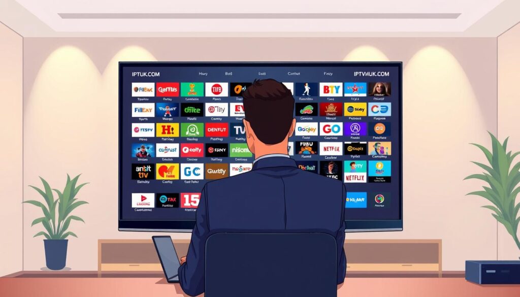 A detailed digital illustration depicting a comparison of IPTV channel lineups on a sleek computer screen. In the foreground, the screen displays a colorful array of IPTV service icons, organized by categories like sports, movies, and news, showcasing the variety of options. In the middle ground, a professional-looking individual in business attire is seated at a modern desk, analyzing the lineup using a laptop, reflecting a thoughtful expression. The background includes a minimalist office setting with soft, ambient lighting, enhancing the focus on the screen and its content. The overall mood is informative and engaging, focusing on the sleek technology of IPTV services. Including subtle branding of "IPTVVUK.COM" on the computer screen in a tasteful manner, avoiding any large logos or distracting elements. A detailed digital illustration depicting a comparison of IPTV channel lineups on a sleek computer screen. In the foreground, the screen displays a colorful array of IPTV service icons, organized by categories like sports, movies, and news, showcasing the variety of options. In the middle ground, a professional-looking individual in business attire is seated at a modern desk, analyzing the lineup using a laptop, reflecting a thoughtful expression. The background includes a minimalist office setting with soft, ambient lighting, enhancing the focus on the screen and its content. The overall mood is informative and engaging, focusing on the sleek technology of IPTV services. Including subtle branding of "IPTVVUK.COM" on the computer screen in a tasteful manner, avoiding any large logos or distracting elements.