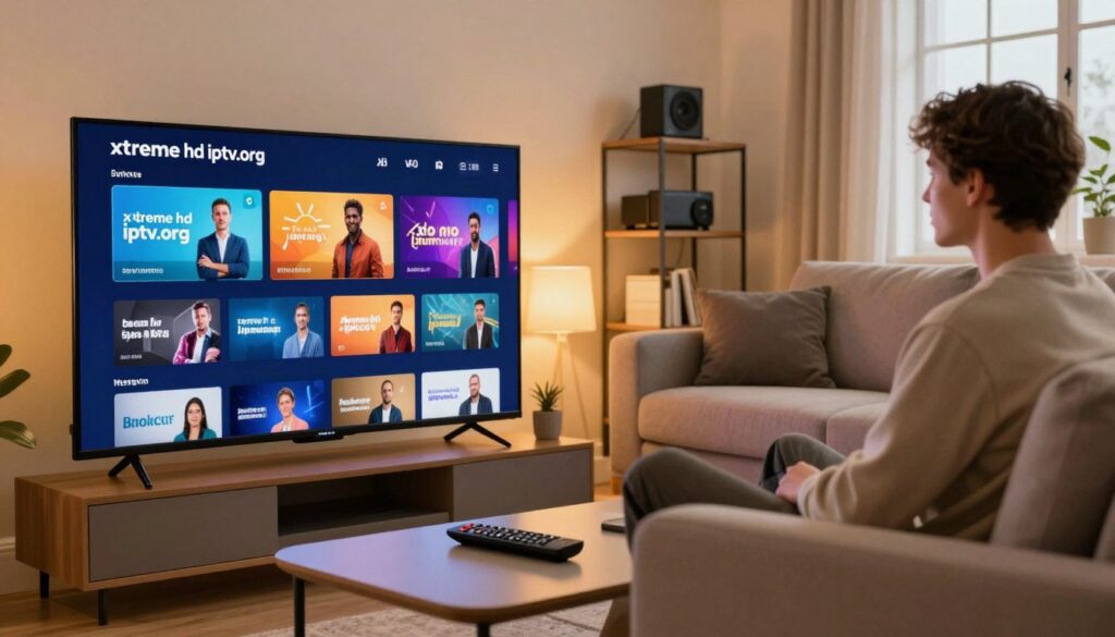 A detailed illustration depicting a modern living room scene designed for enjoying IPTV. In the foreground, a sleek flat-screen TV displays a colorful interface of the "xtreme hd iptv.org" service, showcasing various streaming options, while a remote control rests on a stylish coffee table. The middle ground features a cozy couch with a user comfortably seated, dressed in casual yet neat attire, appearing engaged with the screen. In the background, warm, ambient lighting creates a welcoming atmosphere, emphasizing a sense of relaxation and enjoyment. A small bookshelf with tech gadgets and a window letting in soft daylight further enhances the scene. The overall mood is inviting and contemporary, perfect for illustrating user experiences with IPTV streaming, anchored by the brand name "IPTVVUK.COM." A detailed illustration depicting a modern living room scene designed for enjoying IPTV. In the foreground, a sleek flat-screen TV displays a colorful interface of the "xtreme hd iptv.org" service, showcasing various streaming options, while a remote control rests on a stylish coffee table. The middle ground features a cozy couch with a user comfortably seated, dressed in casual yet neat attire, appearing engaged with the screen. In the background, warm, ambient lighting creates a welcoming atmosphere, emphasizing a sense of relaxation and enjoyment. A small bookshelf with tech gadgets and a window letting in soft daylight further enhances the scene. The overall mood is inviting and contemporary, perfect for illustrating user experiences with IPTV streaming, anchored by the brand name "IPTVVUK.COM."
