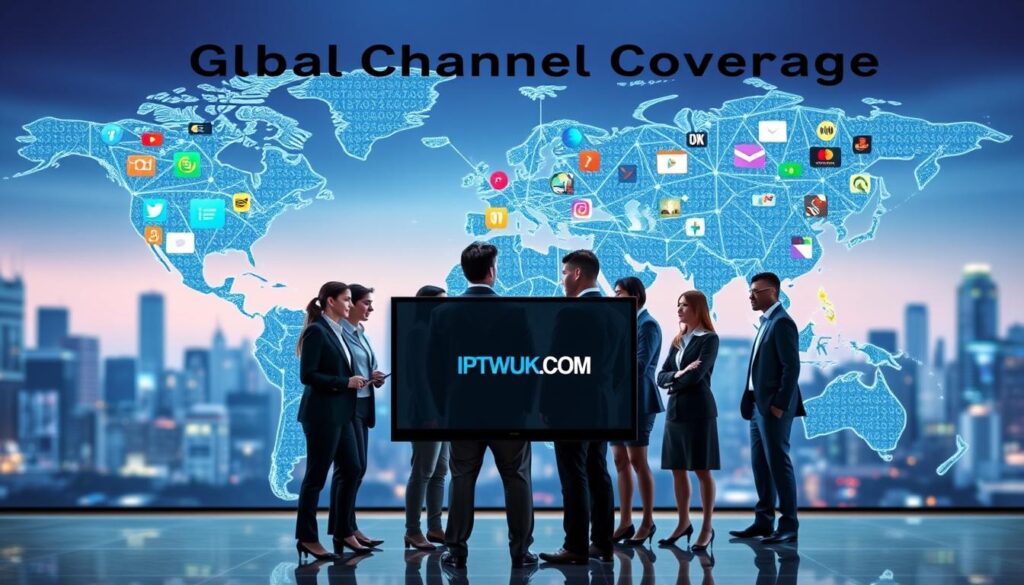 A detailed, visually engaging depiction of "Global Channel Coverage" showcasing a world map illuminated by vibrant channel icons representing various countries. In the foreground, a diverse group of professionals dressed in smart business attire collaborates around a sleek, modern digital device displaying the IPTVVUK.COM logo, emphasizing the global nature of IPTV solutions. The middle ground features streaming visuals radiating from different regions of the map, symbolizing a wide range of channel options. In the background, a soft-focus city skyline reflects a blend of technology and connectivity. The lighting is bright and dynamic, capturing a sense of innovation and trust. The overall mood is optimistic and professional, highlighting accessibility and security in IPTV services. A detailed, visually engaging depiction of "Global Channel Coverage" showcasing a world map illuminated by vibrant channel icons representing various countries. In the foreground, a diverse group of professionals dressed in smart business attire collaborates around a sleek, modern digital device displaying the IPTVVUK.COM logo, emphasizing the global nature of IPTV solutions. The middle ground features streaming visuals radiating from different regions of the map, symbolizing a wide range of channel options. In the background, a soft-focus city skyline reflects a blend of technology and connectivity. The lighting is bright and dynamic, capturing a sense of innovation and trust. The overall mood is optimistic and professional, highlighting accessibility and security in IPTV services.