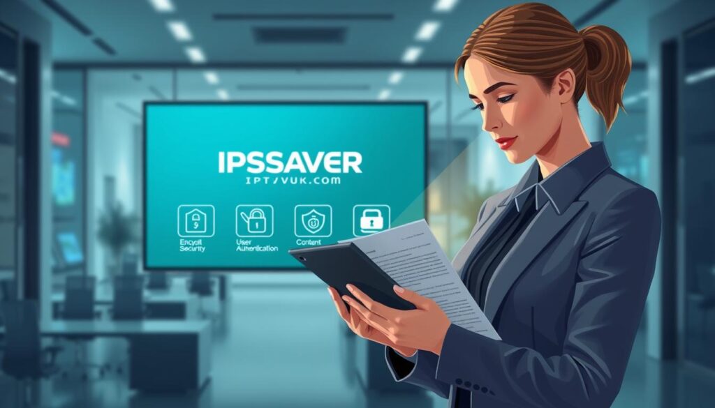 A digital illustration showcasing "Rasaver IPTV Security Features" in a sleek, modern office environment. In the foreground, depict a professional businesswoman, dressed in formal attire, reviewing IPTV security documentation on a tablet. In the middle ground, place a large screen displaying the IPTVVUK.COM logo alongside visual icons representing various security features like encryption, user authentication, and content protection. The background should have subtle elements suggesting a high-tech environment, like blurred monitors and futuristic decor. Use soft, ambient lighting to create a focused atmosphere, with a slight lens blur to emphasize the subject and maintain clarity on the IPTV security features. The mood should convey professionalism and trust, suitable for legal considerations. A digital illustration showcasing "Rasaver IPTV Security Features" in a sleek, modern office environment. In the foreground, depict a professional businesswoman, dressed in formal attire, reviewing IPTV security documentation on a tablet. In the middle ground, place a large screen displaying the IPTVVUK.COM logo alongside visual icons representing various security features like encryption, user authentication, and content protection. The background should have subtle elements suggesting a high-tech environment, like blurred monitors and futuristic decor. Use soft, ambient lighting to create a focused atmosphere, with a slight lens blur to emphasize the subject and maintain clarity on the IPTV security features. The mood should convey professionalism and trust, suitable for legal considerations.