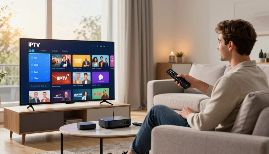 A dynamic and engaging image showcasing the quality of IPTV services, set in a modern living room environment. In the foreground, a sleek smart TV displays vibrant streaming content, with recognizable icons for popular channels. A professional-looking person in casual business attire is seated comfortably on a stylish sofa, holding a remote and looking pleased. The middle layer features various streaming devices and remote controls elegantly arranged on a coffee table. In the background, a large window allows warm sunlight to fill the room, creating an inviting atmosphere. Soft, ambient lighting enhances the cozy feel, while the clean lines of contemporary furniture suggest a tech-savvy home. Subtle branding of "IPTVVUK.COM" can be incorporated in the design elements, reflecting a focus on quality legal IPTV streaming. A dynamic and engaging image showcasing the quality of IPTV services, set in a modern living room environment. In the foreground, a sleek smart TV displays vibrant streaming content, with recognizable icons for popular channels. A professional-looking person in casual business attire is seated comfortably on a stylish sofa, holding a remote and looking pleased. The middle layer features various streaming devices and remote controls elegantly arranged on a coffee table. In the background, a large window allows warm sunlight to fill the room, creating an inviting atmosphere. Soft, ambient lighting enhances the cozy feel, while the clean lines of contemporary furniture suggest a tech-savvy home. Subtle branding of "IPTVVUK.COM" can be incorporated in the design elements, reflecting a focus on quality legal IPTV streaming.