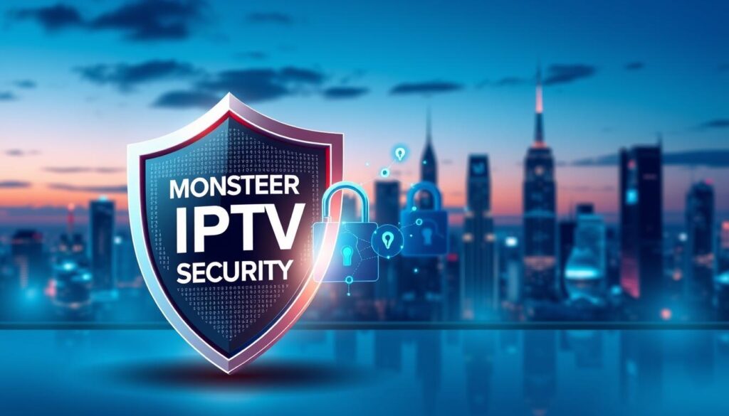 A dynamic and modern illustration representing "Monster IPTV Security." In the foreground, a sleek, high-tech shield with digital patterns symbolizes robust security measures, featuring the brand name "IPTVVUK.COM" elegantly integrated into the design. In the middle, visual elements like abstract, interlocking locks and data streams convey privacy and protection. The background showcases a futuristic city skyline at dusk, with soft blue and purple hues illuminating the scene, creating an atmosphere of trust and safety. Use dramatic lighting to highlight the shield and middle elements, emphasizing their significance. The overall mood is one of confidence and assurance in online streaming security. The angle should be slightly tilted upward for a dynamic, empowering perspective. A dynamic and modern illustration representing "Monster IPTV Security." In the foreground, a sleek, high-tech shield with digital patterns symbolizes robust security measures, featuring the brand name "IPTVVUK.COM" elegantly integrated into the design. In the middle, visual elements like abstract, interlocking locks and data streams convey privacy and protection. The background showcases a futuristic city skyline at dusk, with soft blue and purple hues illuminating the scene, creating an atmosphere of trust and safety. Use dramatic lighting to highlight the shield and middle elements, emphasizing their significance. The overall mood is one of confidence and assurance in online streaming security. The angle should be slightly tilted upward for a dynamic, empowering perspective.