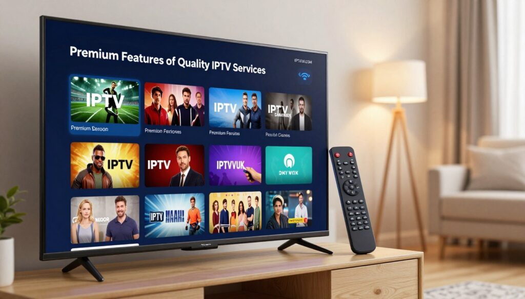 A dynamic and visually engaging image illustrating "IPTV Channels" for the article section titled "Premium Features of Quality IPTV Services." In the foreground, showcase a sleek, modern television displaying a vibrant interface with various premium IPTV channel icons, reflecting diverse genres like sports, movies, and news. The middle layer features a stylish remote control nestled beside the TV, enhancing the tech-savvy atmosphere. In the background, create a cozy living room setting with soft, warm lighting to evoke a welcoming ambiance, complemented by tasteful decor. The image should have a slightly blurred depth of field effect to draw attention to the TV and remote. Include subtle elements representing high-definition streaming, such as a Wi-Fi symbol or streaming quality indicators, ensuring clarity and focus on the digital experience. Incorporate the brand name "IPTVVUK.COM" within the design, seamlessly integrated into the overall aesthetic. A dynamic and visually engaging image illustrating "IPTV Channels" for the article section titled "Premium Features of Quality IPTV Services." In the foreground, showcase a sleek, modern television displaying a vibrant interface with various premium IPTV channel icons, reflecting diverse genres like sports, movies, and news. The middle layer features a stylish remote control nestled beside the TV, enhancing the tech-savvy atmosphere. In the background, create a cozy living room setting with soft, warm lighting to evoke a welcoming ambiance, complemented by tasteful decor. The image should have a slightly blurred depth of field effect to draw attention to the TV and remote. Include subtle elements representing high-definition streaming, such as a Wi-Fi symbol or streaming quality indicators, ensuring clarity and focus on the digital experience. Incorporate the brand name "IPTVVUK.COM" within the design, seamlessly integrated into the overall aesthetic.