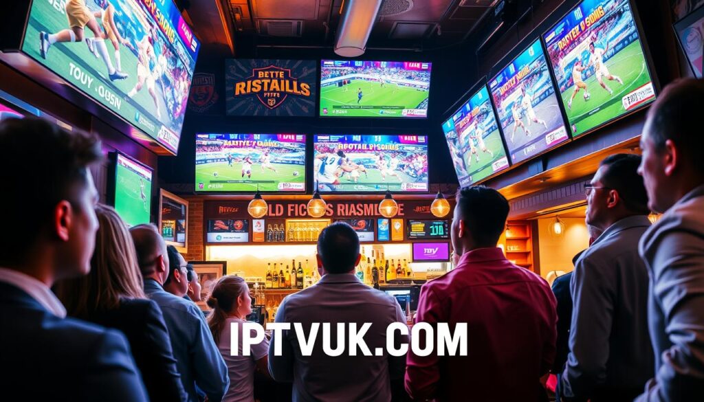 A dynamic image showcasing "Rasaver IPTV Sports Coverage" in a lively sports bar setting. In the foreground, a diverse group of individuals, dressed in smart casual attire, are intently watching a large screen displaying an exciting live sports event, like soccer or basketball. In the middle, vibrant LED screens surround the bar, displaying various sports highlights and scores, while a friendly bartender serves drinks to eager patrons. In the background, energetic decor includes team banners and memorabilia, creating an immersive atmosphere. The lighting is warm and inviting, highlighting the excitement in the air. The angle is slightly tilted to capture both the viewers and the screens, evoking a sense of engagement and enjoyment. The brand name "IPTVVUK.COM" is subtly integrated into the bar's decor, enhancing the theme without dominating the scene. A dynamic image showcasing "Rasaver IPTV Sports Coverage" in a lively sports bar setting. In the foreground, a diverse group of individuals, dressed in smart casual attire, are intently watching a large screen displaying an exciting live sports event, like soccer or basketball. In the middle, vibrant LED screens surround the bar, displaying various sports highlights and scores, while a friendly bartender serves drinks to eager patrons. In the background, energetic decor includes team banners and memorabilia, creating an immersive atmosphere. The lighting is warm and inviting, highlighting the excitement in the air. The angle is slightly tilted to capture both the viewers and the screens, evoking a sense of engagement and enjoyment. The brand name "IPTVVUK.COM" is subtly integrated into the bar's decor, enhancing the theme without dominating the scene.