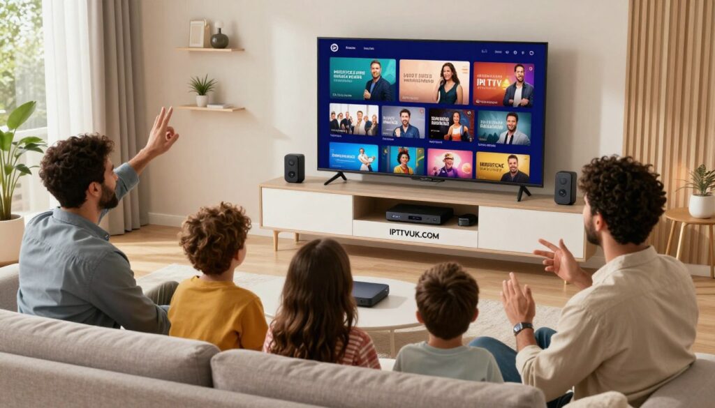 A dynamic living room scene showcasing a modern family engaged in IPTV streaming. In the foreground, a diverse family of four (parents in business casual attire and children in comfortable clothing) sits on a stylish couch, joyfully watching a vibrant high-definition display featuring various streaming content options. The middle layer shows a sleek, minimalist entertainment unit with advanced streaming devices, featuring the logo "IPTVVUK.COM" prominently displayed. The background depicts a contemporary, well-lit room with decorative elements that suggest a cozy yet tech-savvy atmosphere, with soft natural light streaming in from large windows. Use a warm color palette to create an inviting mood, with a focus on clarity and detail in the streaming content on the screen. Capture from a slightly elevated angle to convey inclusivity and excitement. A dynamic living room scene showcasing a modern family engaged in IPTV streaming. In the foreground, a diverse family of four (parents in business casual attire and children in comfortable clothing) sits on a stylish couch, joyfully watching a vibrant high-definition display featuring various streaming content options. The middle layer shows a sleek, minimalist entertainment unit with advanced streaming devices, featuring the logo "IPTVVUK.COM" prominently displayed. The background depicts a contemporary, well-lit room with decorative elements that suggest a cozy yet tech-savvy atmosphere, with soft natural light streaming in from large windows. Use a warm color palette to create an inviting mood, with a focus on clarity and detail in the streaming content on the screen. Capture from a slightly elevated angle to convey inclusivity and excitement.