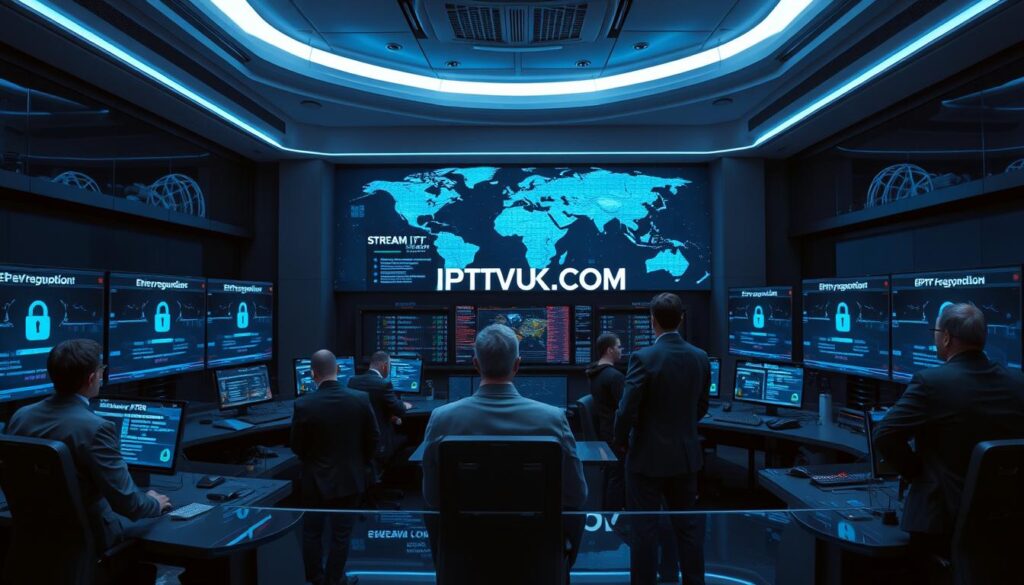 A futuristic and secure IPTV environment, depicting a sleek control room filled with high-tech equipment. In the foreground, a diverse group of professionals in business attire collaboratively monitor multiple large screens displaying streams with encryption icons and security metrics. The middle ground features advanced servers with LED lights indicating active streams, and a clear, organized layout emphasizing security protocols. In the background, a digital backdrop showcases a globe with network connections, representing global streaming. Soft blue lighting enhances the high-tech atmosphere, while reflections on glass surfaces lend a polished look. The overall mood is one of professionalism and cutting-edge technology, highlighting the theme of secure IPTV streaming. Include the brand name "IPTVVUK.COM" visibly on one of the screens. A futuristic and secure IPTV environment, depicting a sleek control room filled with high-tech equipment. In the foreground, a diverse group of professionals in business attire collaboratively monitor multiple large screens displaying streams with encryption icons and security metrics. The middle ground features advanced servers with LED lights indicating active streams, and a clear, organized layout emphasizing security protocols. In the background, a digital backdrop showcases a globe with network connections, representing global streaming. Soft blue lighting enhances the high-tech atmosphere, while reflections on glass surfaces lend a polished look. The overall mood is one of professionalism and cutting-edge technology, highlighting the theme of secure IPTV streaming. Include the brand name "IPTVVUK.COM" visibly on one of the screens.