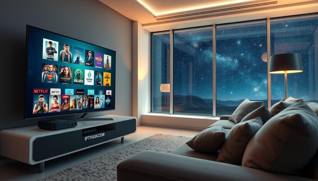A futuristic living room scene showcasing the concept of "Galaxy Streams IPTV On-Demand Content." In the foreground, a large flat-screen TV displays a colorful array of popular movie and TV show thumbnails, signifying on-demand options. To the side, a sleek entertainment console holds a streaming device labeled "IPTVVUK.COM" with a glowing logo. In the middle ground, a comfortable sofa adorned with cozy pillows invites relaxation, while a soft, ambient light radiates from a stylish floor lamp, creating a warm atmosphere. In the background, large windows reveal a starry galaxy landscape, enhancing the cosmic theme. The lighting is soft yet bright enough to highlight the screen's dynamic visuals, capturing the excitement of streaming entertainment. The overall mood is inviting and futuristic, embodying the thrill of watching movies and shows on demand. A futuristic living room scene showcasing the concept of "Galaxy Streams IPTV On-Demand Content." In the foreground, a large flat-screen TV displays a colorful array of popular movie and TV show thumbnails, signifying on-demand options. To the side, a sleek entertainment console holds a streaming device labeled "IPTVVUK.COM" with a glowing logo. In the middle ground, a comfortable sofa adorned with cozy pillows invites relaxation, while a soft, ambient light radiates from a stylish floor lamp, creating a warm atmosphere. In the background, large windows reveal a starry galaxy landscape, enhancing the cosmic theme. The lighting is soft yet bright enough to highlight the screen's dynamic visuals, capturing the excitement of streaming entertainment. The overall mood is inviting and futuristic, embodying the thrill of watching movies and shows on demand.