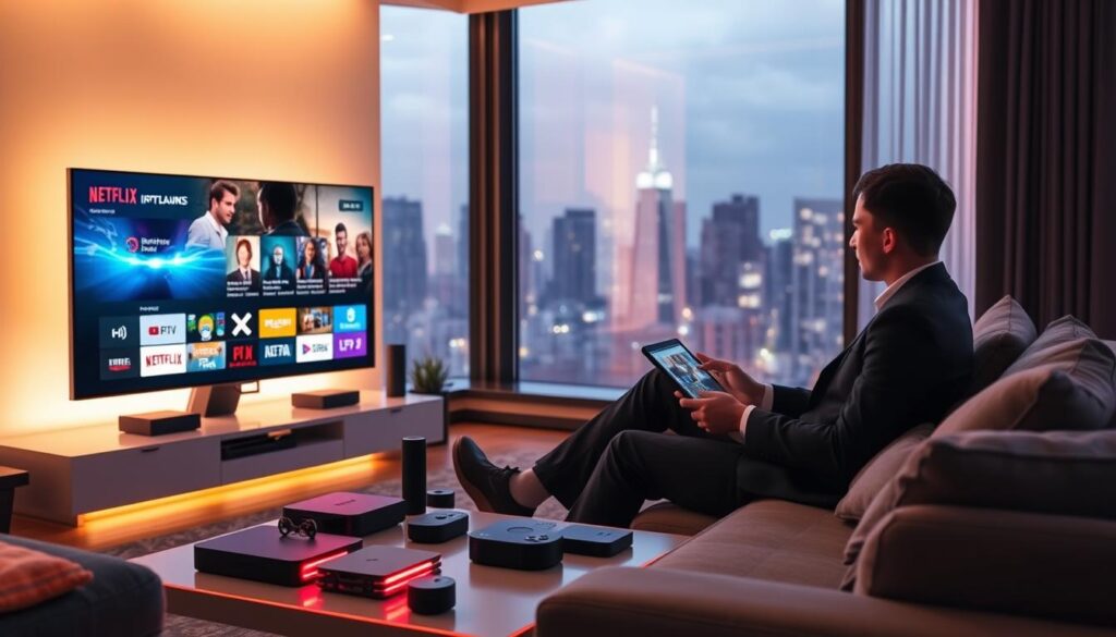 A futuristic living room scene showcasing the evolution of streaming technology, focusing on Netflix IPTV. In the foreground, a sleek, modern TV displays vibrant content, with a user interface highlighting new features and personalized recommendations. A young professional in business attire sits comfortably on a stylish sofa, intently exploring the IPTV options on a tablet in hand. The middle ground features a minimalist coffee table adorned with smart devices and various streaming gadgets. In the background, a large window reveals a city skyline at dusk, bathed in soft, warm lighting, creating an inviting atmosphere. Incorporate ambient lighting that enhances the high-tech feel, with glowing elements from the devices. Subtly include "IPTVVUK.COM" into the technology displayed, maintaining focus on the theme of the future of streaming services. A futuristic living room scene showcasing the evolution of streaming technology, focusing on Netflix IPTV. In the foreground, a sleek, modern TV displays vibrant content, with a user interface highlighting new features and personalized recommendations. A young professional in business attire sits comfortably on a stylish sofa, intently exploring the IPTV options on a tablet in hand. The middle ground features a minimalist coffee table adorned with smart devices and various streaming gadgets. In the background, a large window reveals a city skyline at dusk, bathed in soft, warm lighting, creating an inviting atmosphere. Incorporate ambient lighting that enhances the high-tech feel, with glowing elements from the devices. Subtly include "IPTVVUK.COM" into the technology displayed, maintaining focus on the theme of the future of streaming services.